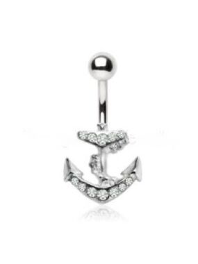 Sterling Silver Anchor Navel Ring with Clear Crystals